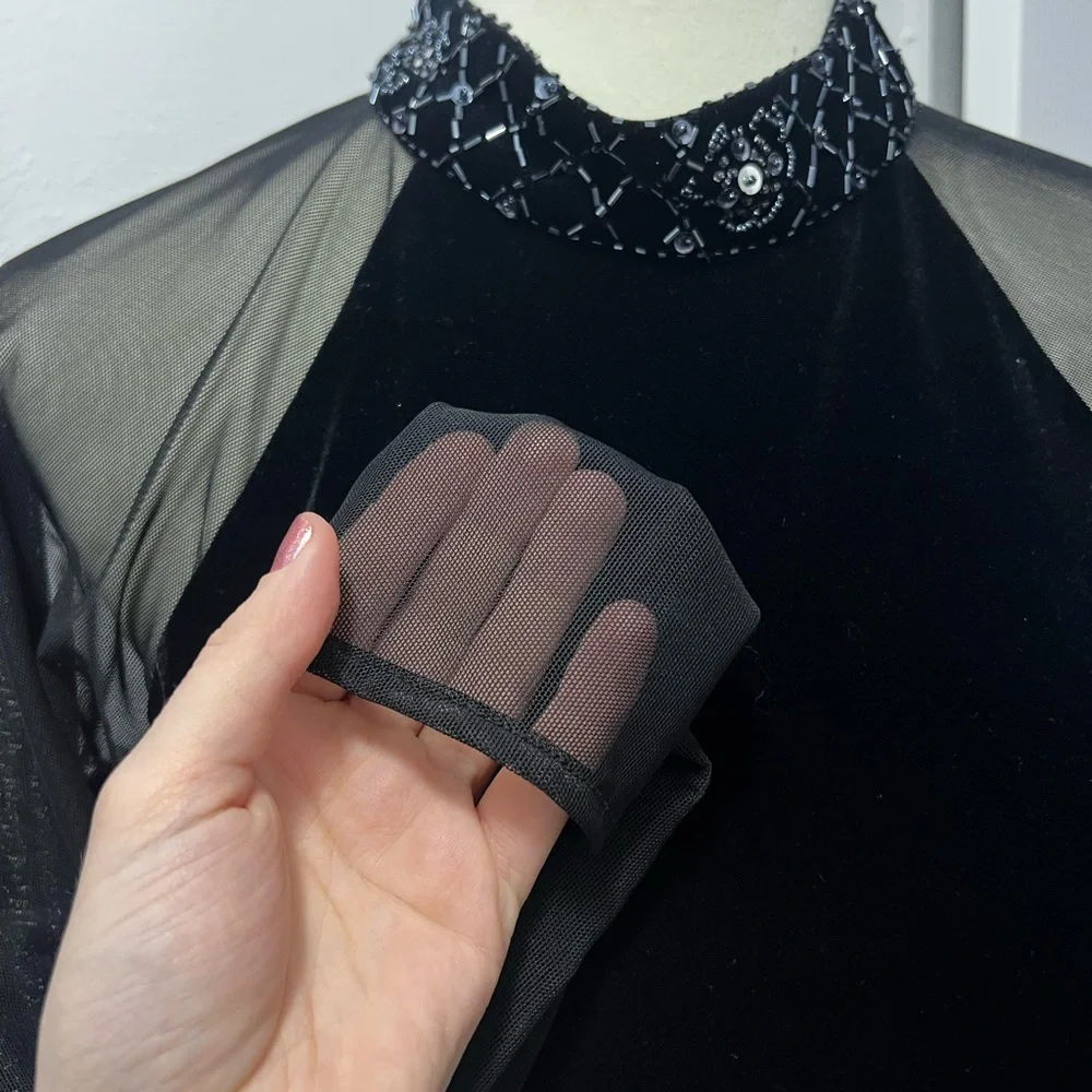 Vintage Velvet Black Dress with Sheer Sleeves - Picture 6 of 8